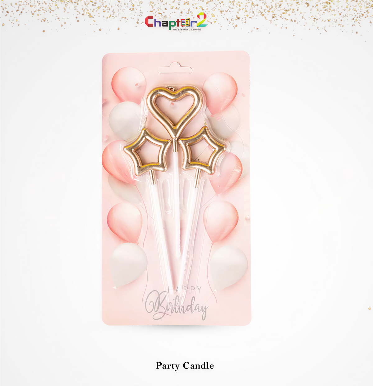 Party Candle Set 3 with gold heart and star candles on pink packaging with balloons