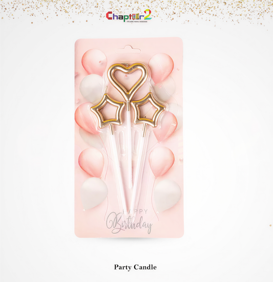 Party Candle Set 3 with gold heart and star candles on pink packaging with balloons