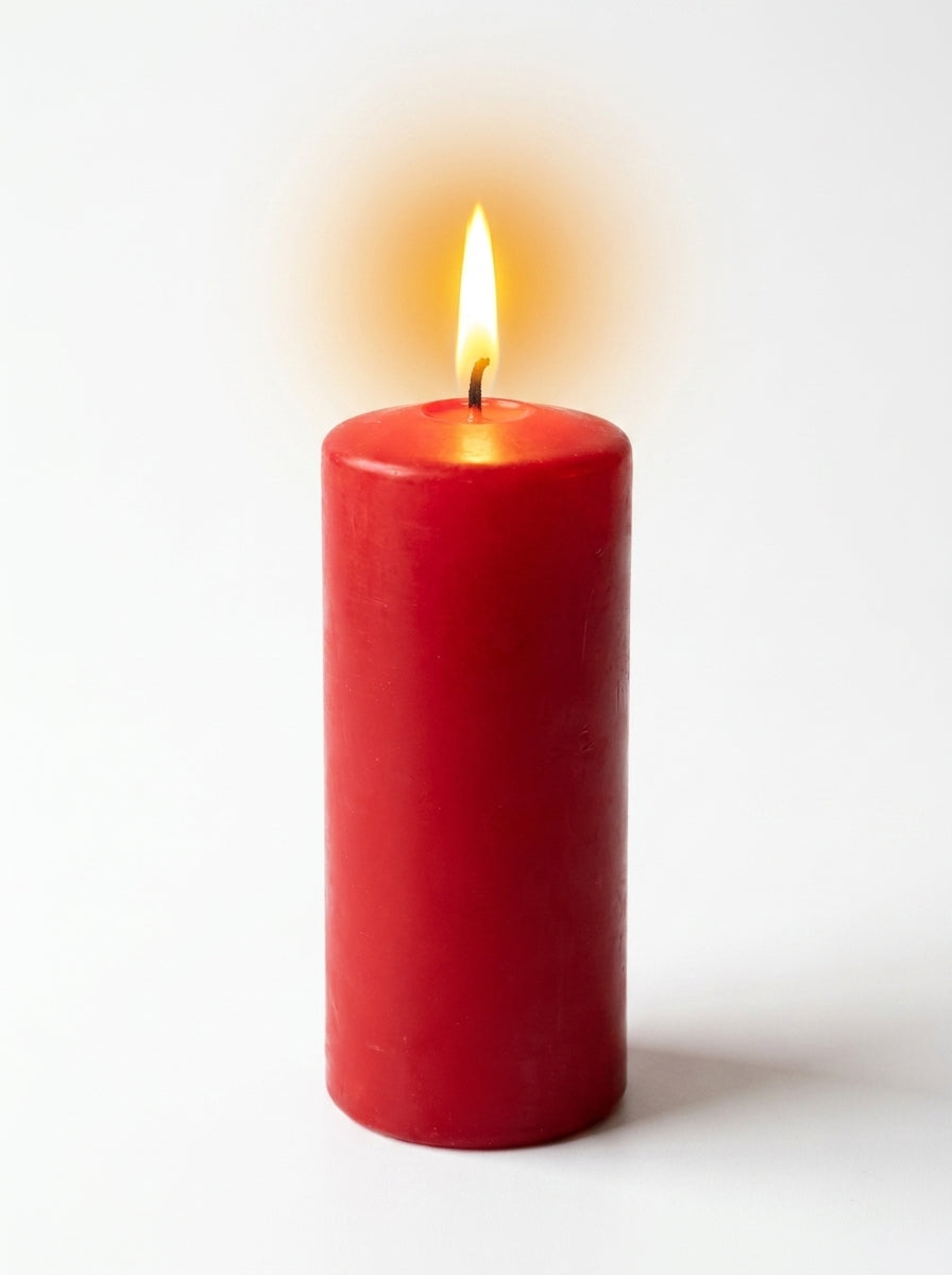 Single red pillar candle with bright flame, cylindrical design on white background.