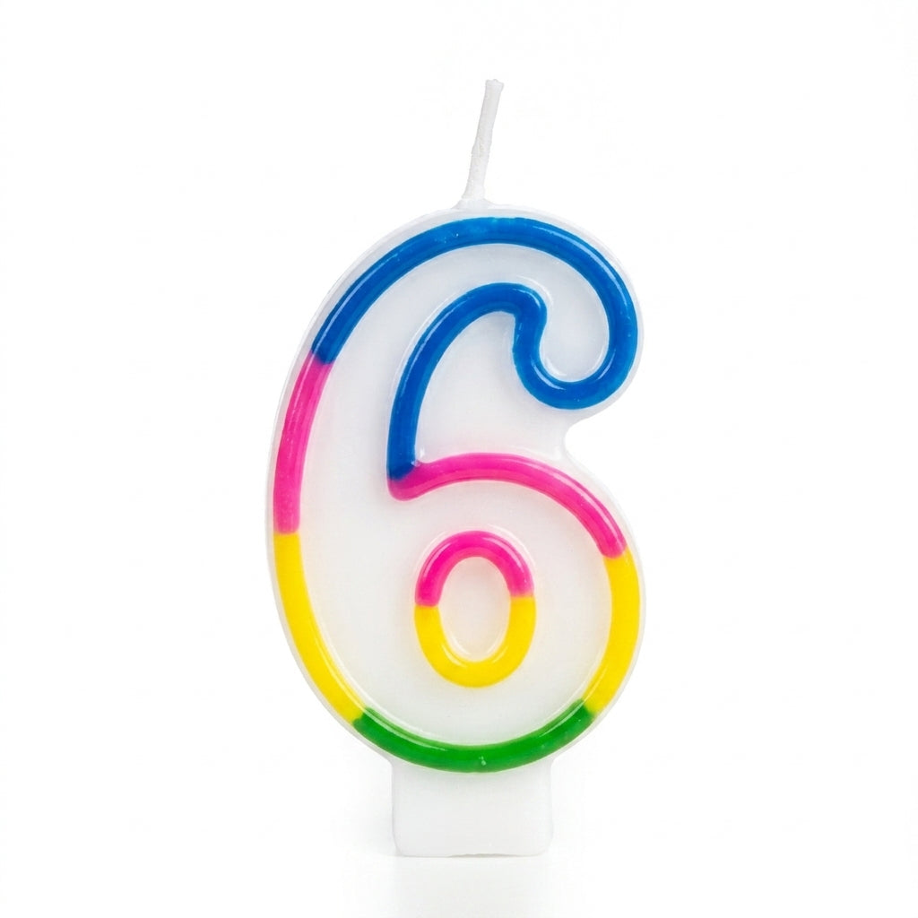Colorful number 6 birthday candle with rainbow stripes in blue, pink, yellow, and green on white base