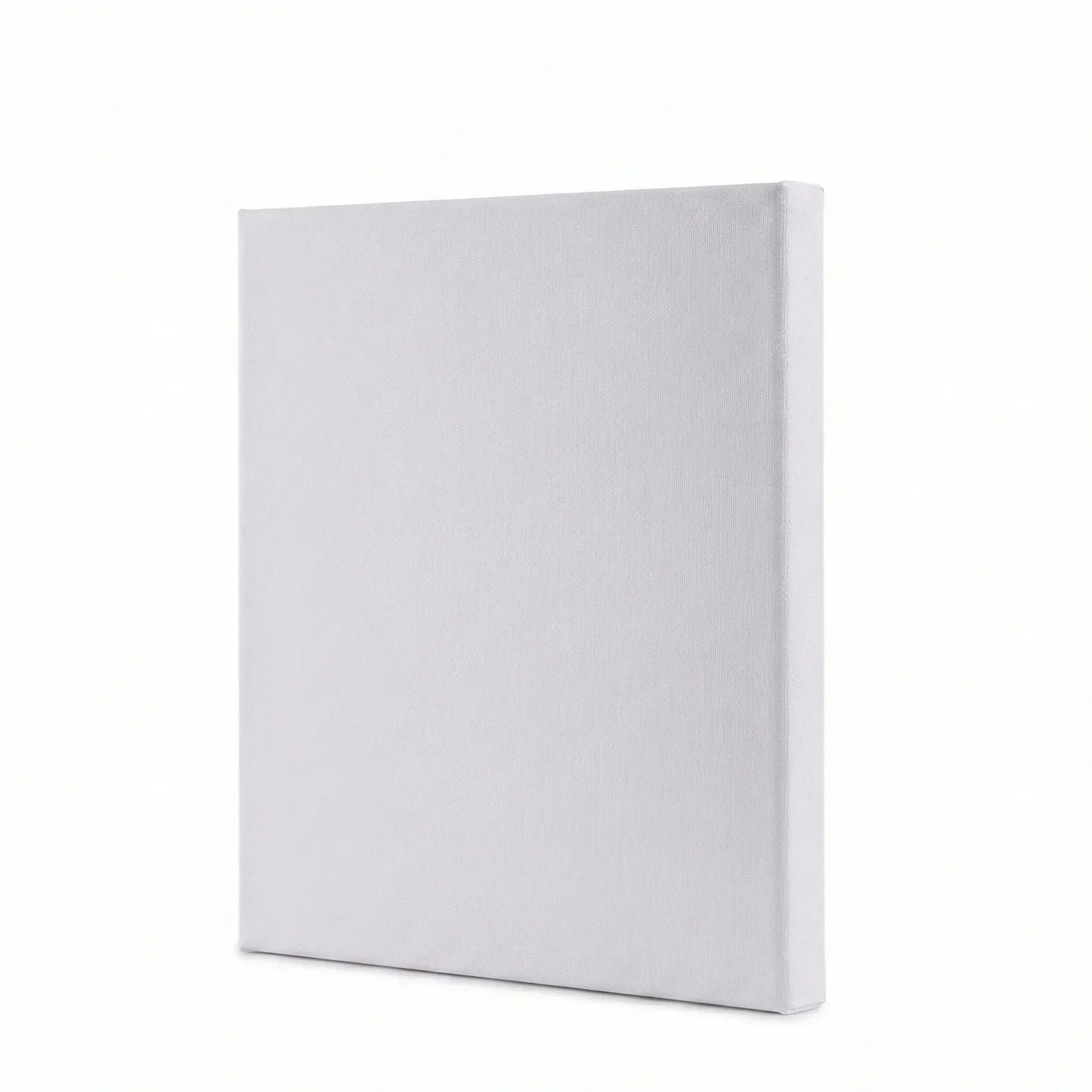 Canvas 10x10 white blank canvas panel, pre-primed and ready to paint, shown at angle against white background