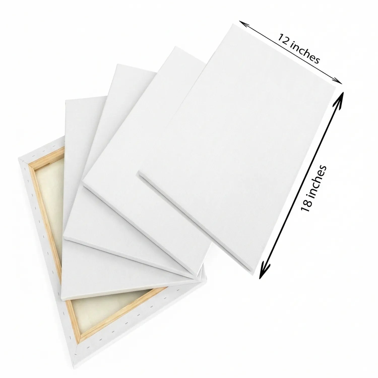 Multi-pack of white pre-primed 12x18 canvas boards with natural wood stretcher frames displayed fanned out, showing canvas surfaces and wooden edges