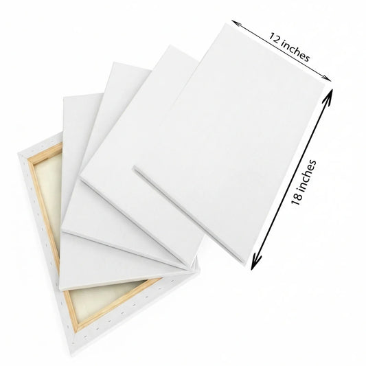 Multi-pack of white pre-primed 12x18 canvas boards with natural wood stretcher frames displayed fanned out, showing canvas surfaces and wooden edges