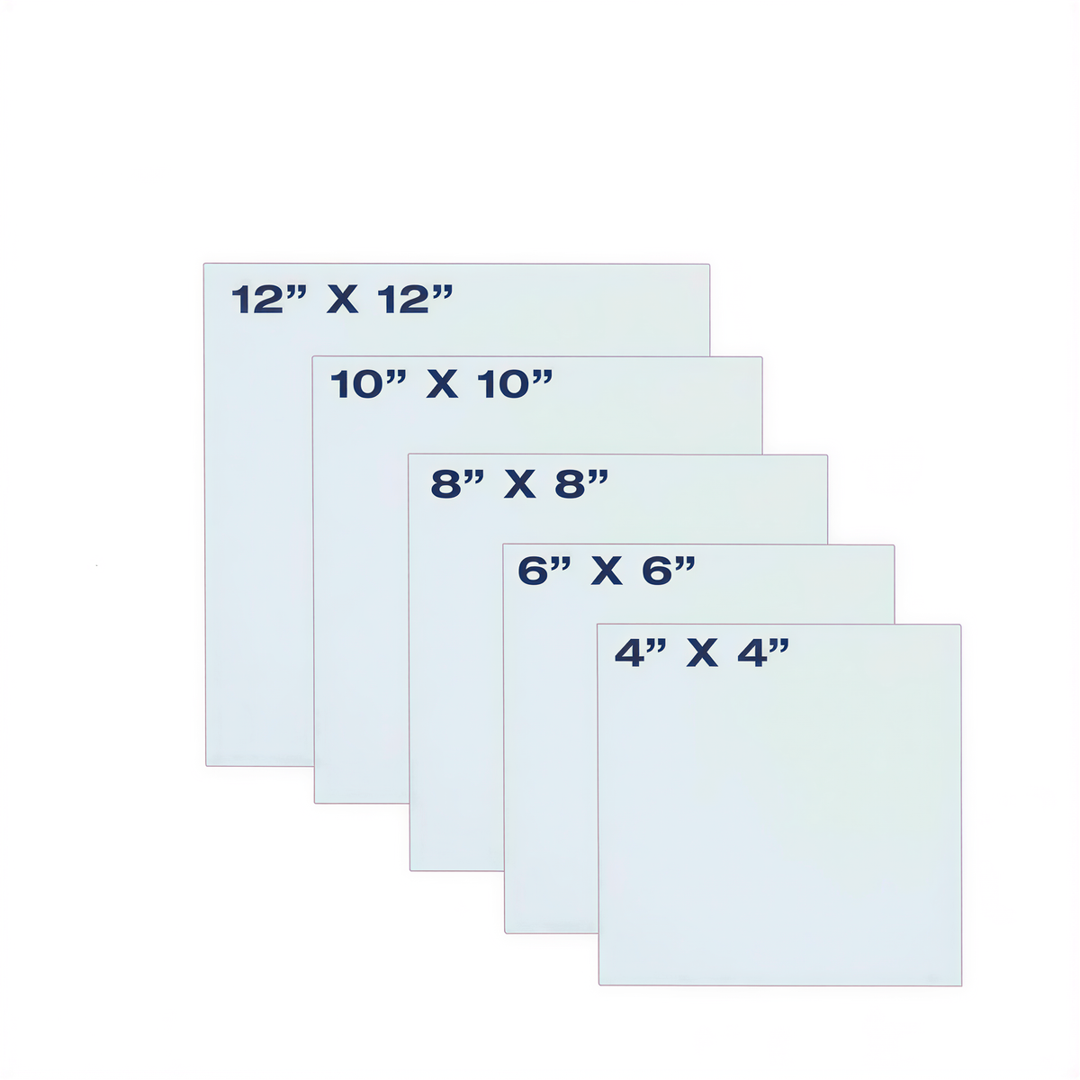 Five nested canvases in graduated sizes: 4x4, 6x6, 8x8, 10x10, and 12x12 inches on light blue background