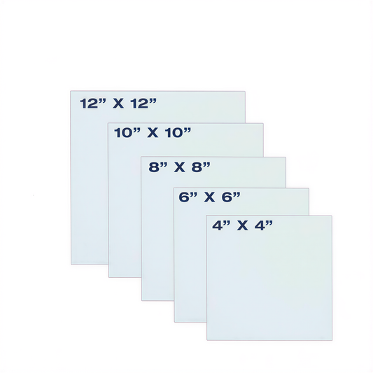 Five nested canvases in graduated sizes: 4x4, 6x6, 8x8, 10x10, and 12x12 inches on light blue background