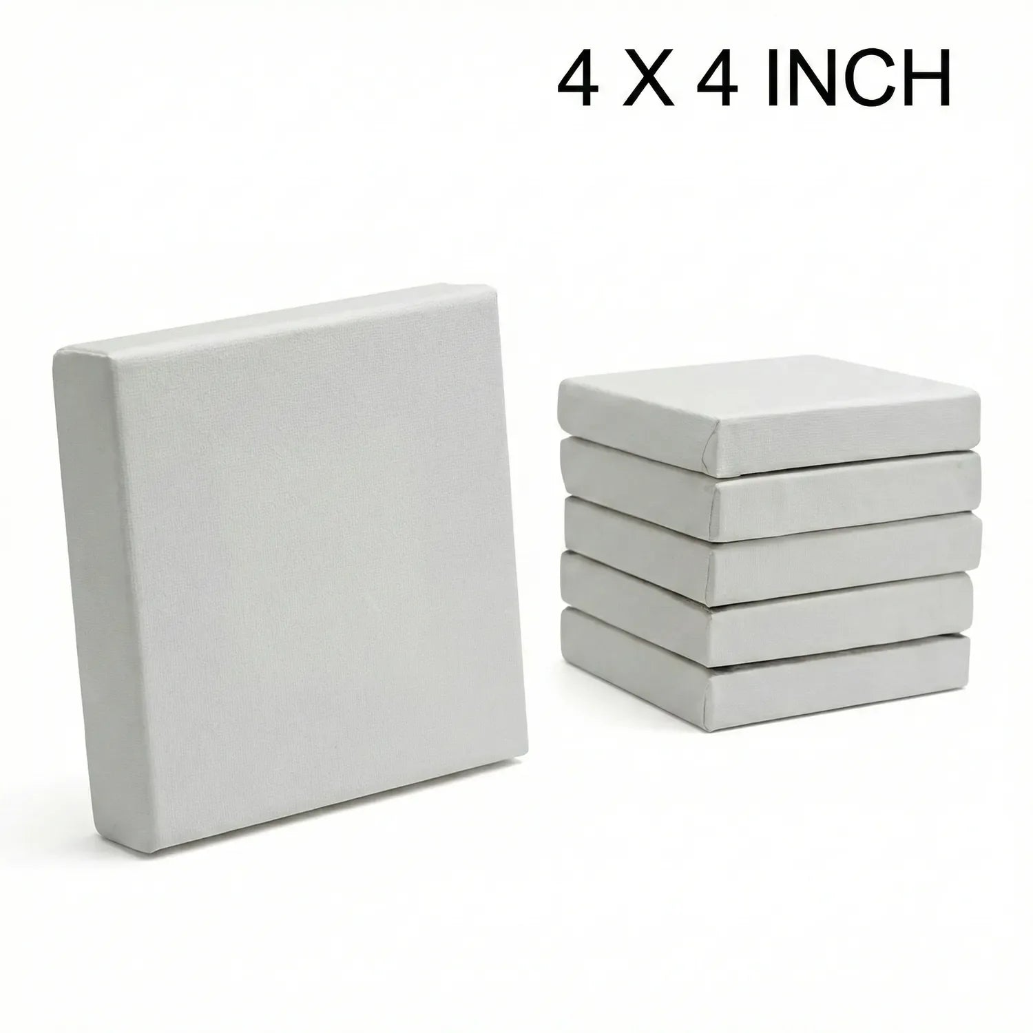 Canvas 4X4 Inch product showing one individual canvas board and a stack of five additional boards, all white pre-primed cotton canvas