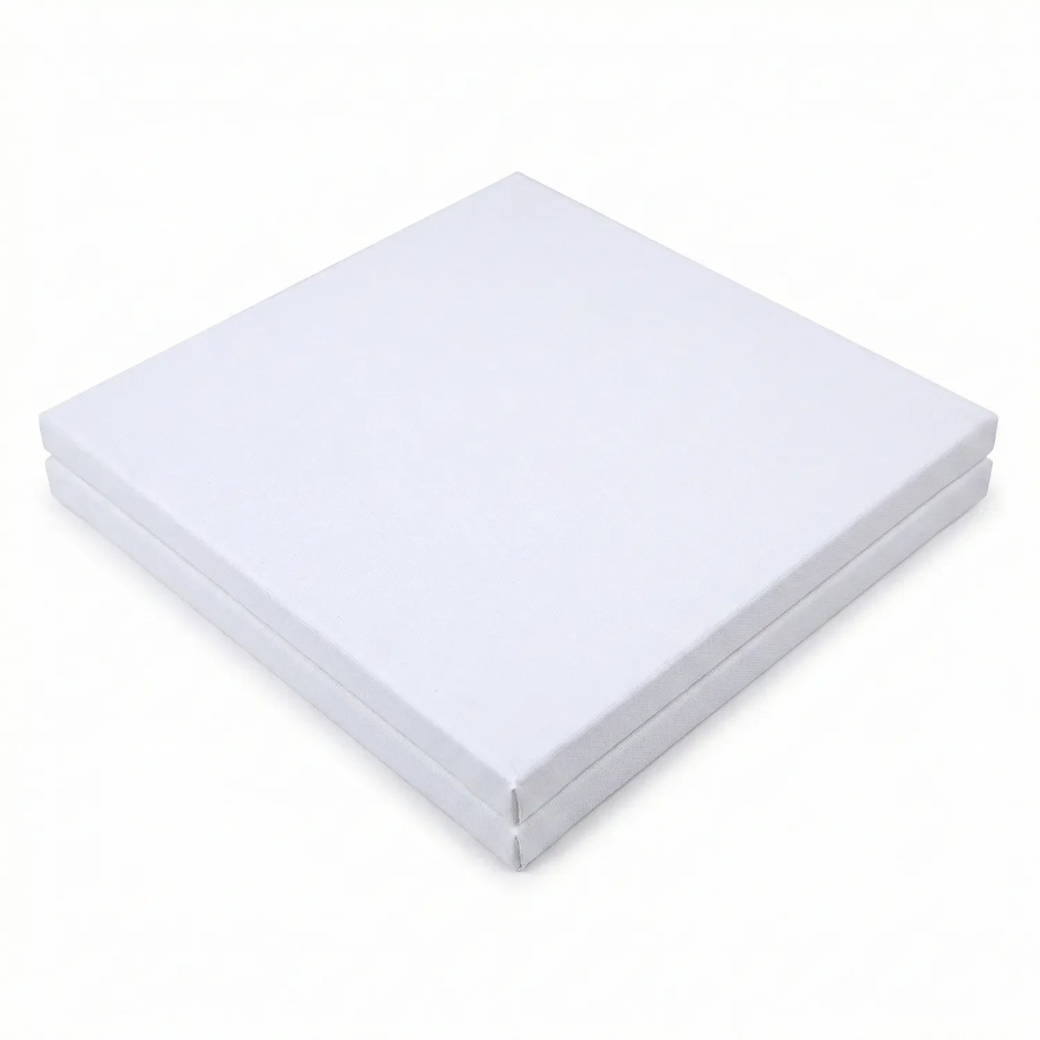 Canvas 8x8 - Pack of two blank pre-primed white canvas boards, 8 by 8 inches, stacked and displayed at an angle on white background
