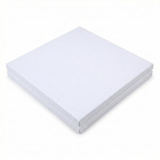 Canvas 8x8 - Pack of two blank pre-primed white canvas boards, 8 by 8 inches, stacked and displayed at an angle on white background