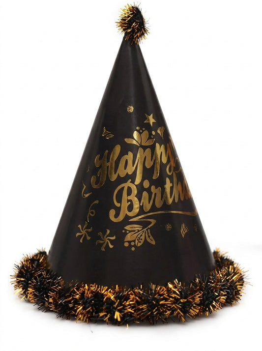 Black cone party hat with gold foil "Happy Birthday" text, gold tassel top, and gold tinsel fringe brim