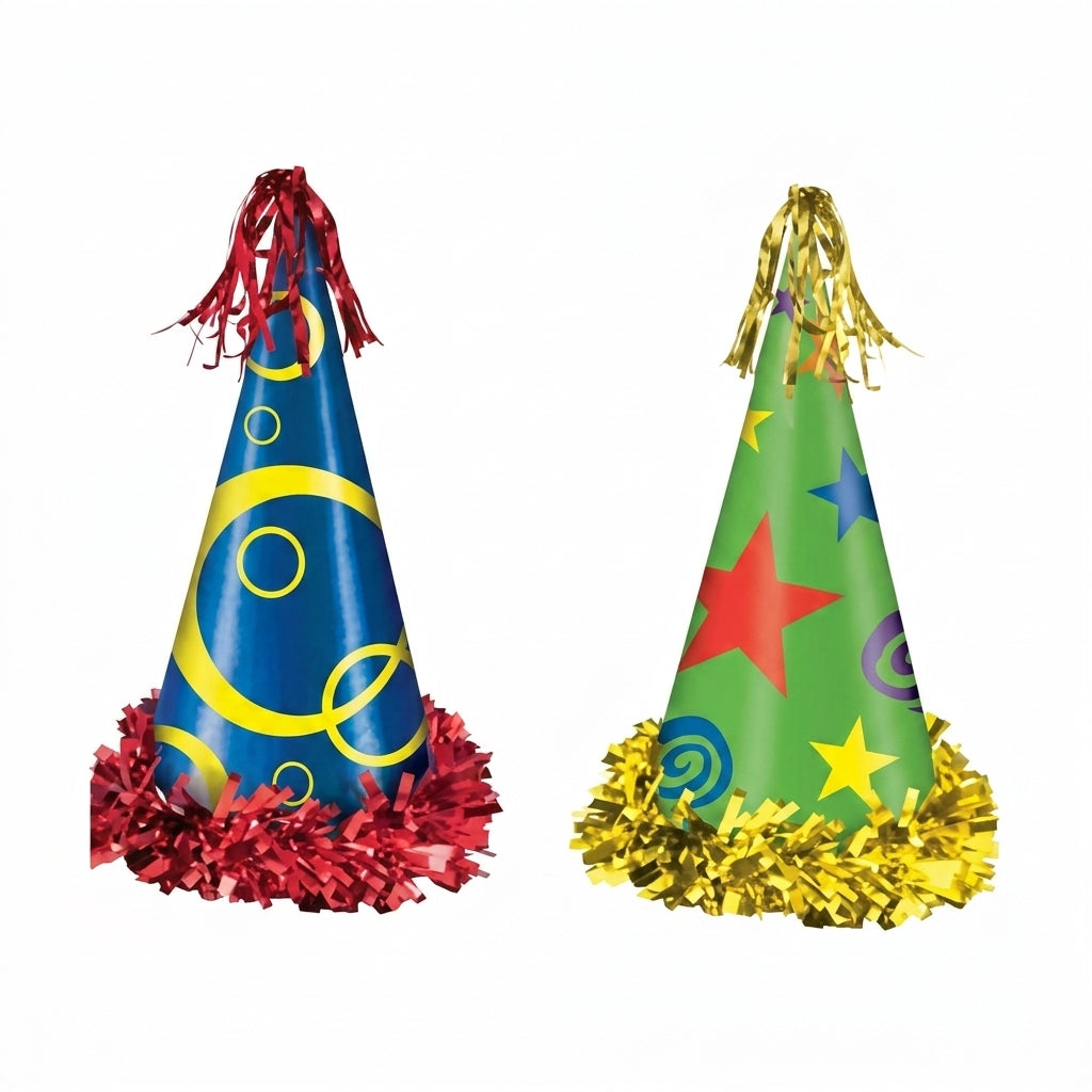 Two decorative cone party hats - blue with yellow moons and gold fringe, green with colorful stars and gold fringe