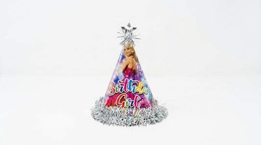 Colorful Birthday Girl cone party hat with silver foil trim, star topper, and rainbow gradient design