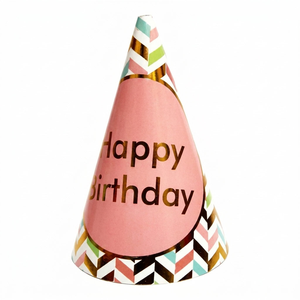 Pink party hat with 'Happy Birthday' text and colorful chevron pattern base with gold, green, teal, and black stripes.