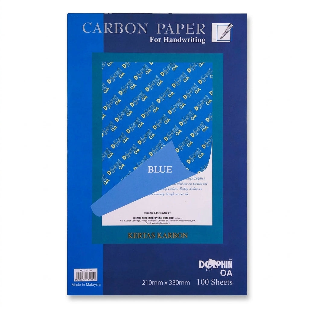 Dolphin brand blue carbon paper pack, 100 sheets, 210mm x 330mm, with product image showing blue carbon sheets and patterned backing