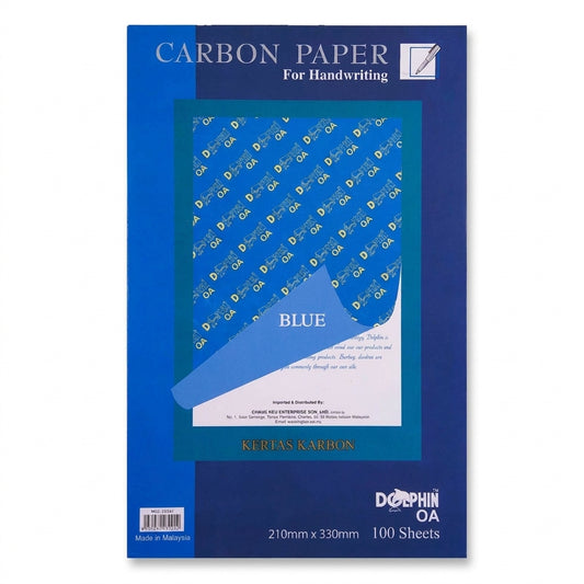 Dolphin brand blue carbon paper pack, 100 sheets, 210mm x 330mm, with product image showing blue carbon sheets and patterned backing