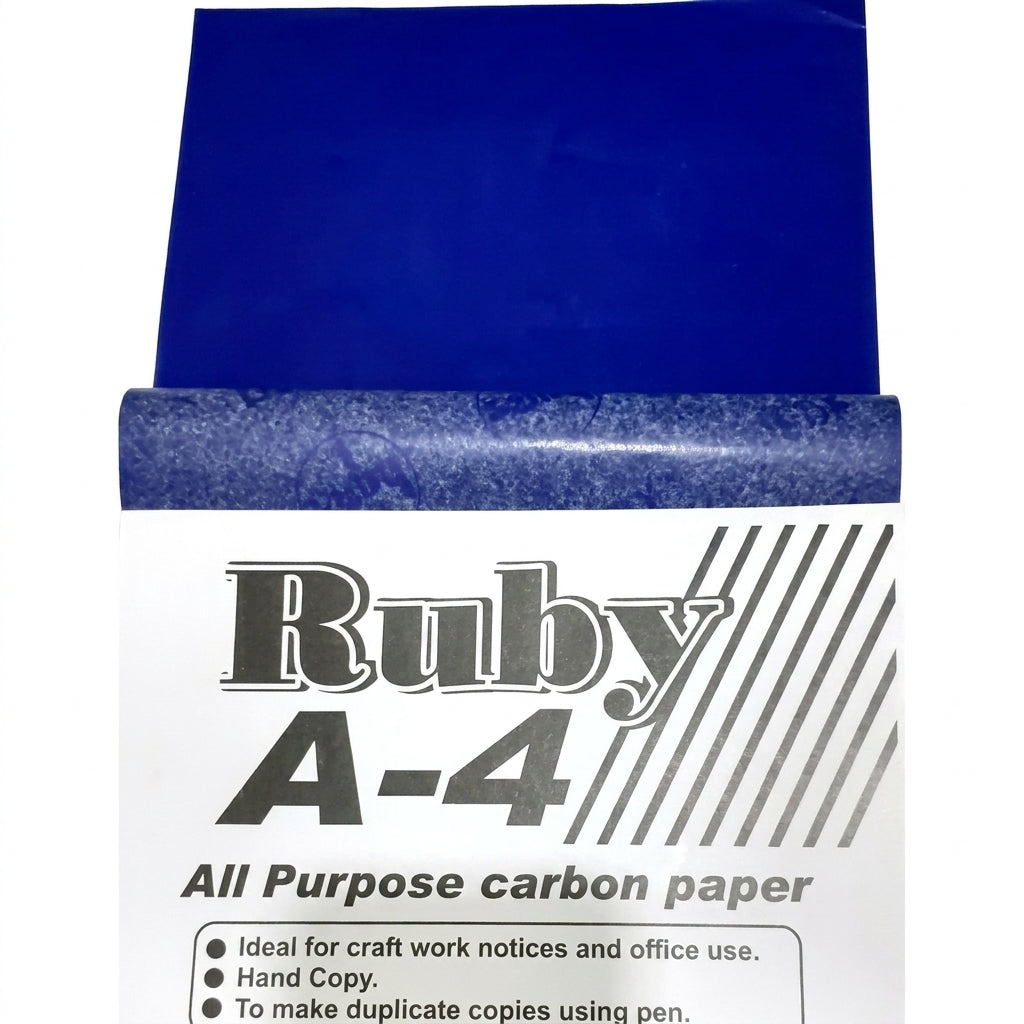 Ruby A-4 all purpose carbon paper pack in blue with product label showing hand copy and craft work uses
