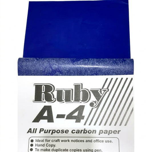Ruby A-4 all purpose carbon paper pack in blue with product label showing hand copy and craft work uses