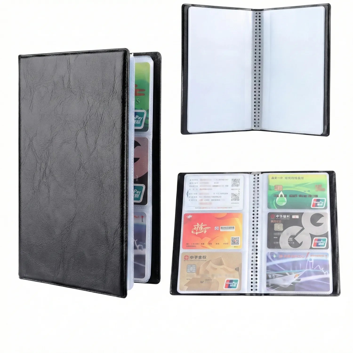 Card Album 120P - Black leather card holder with 120 card slots, spiral binding, shown open displaying clear protective sleeves and closed front cover view.