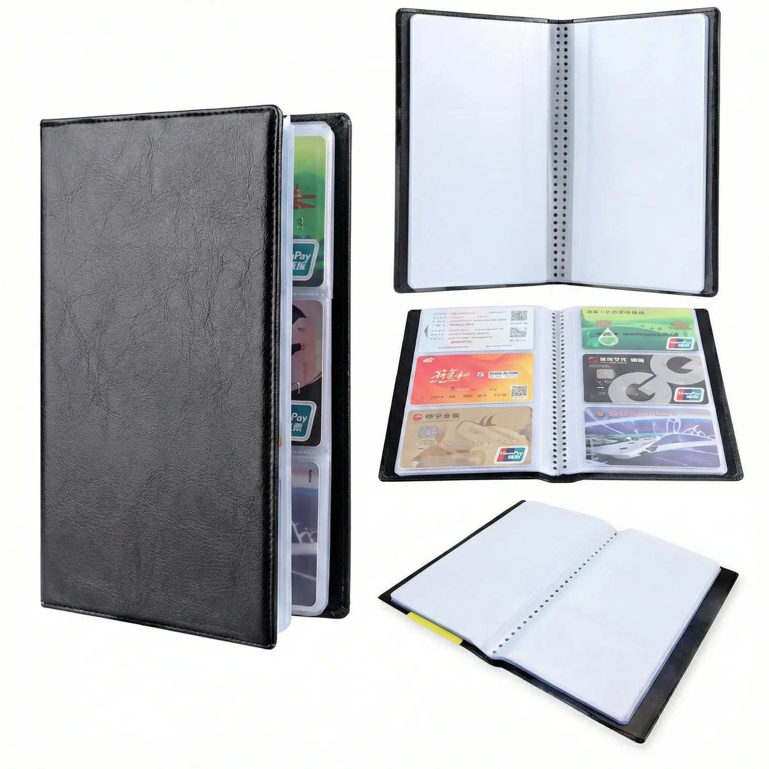 Card Album 300P spiral-bound binder showing black leather exterior, open pages with protective card sleeves, and multiple viewing angles of storage capacity