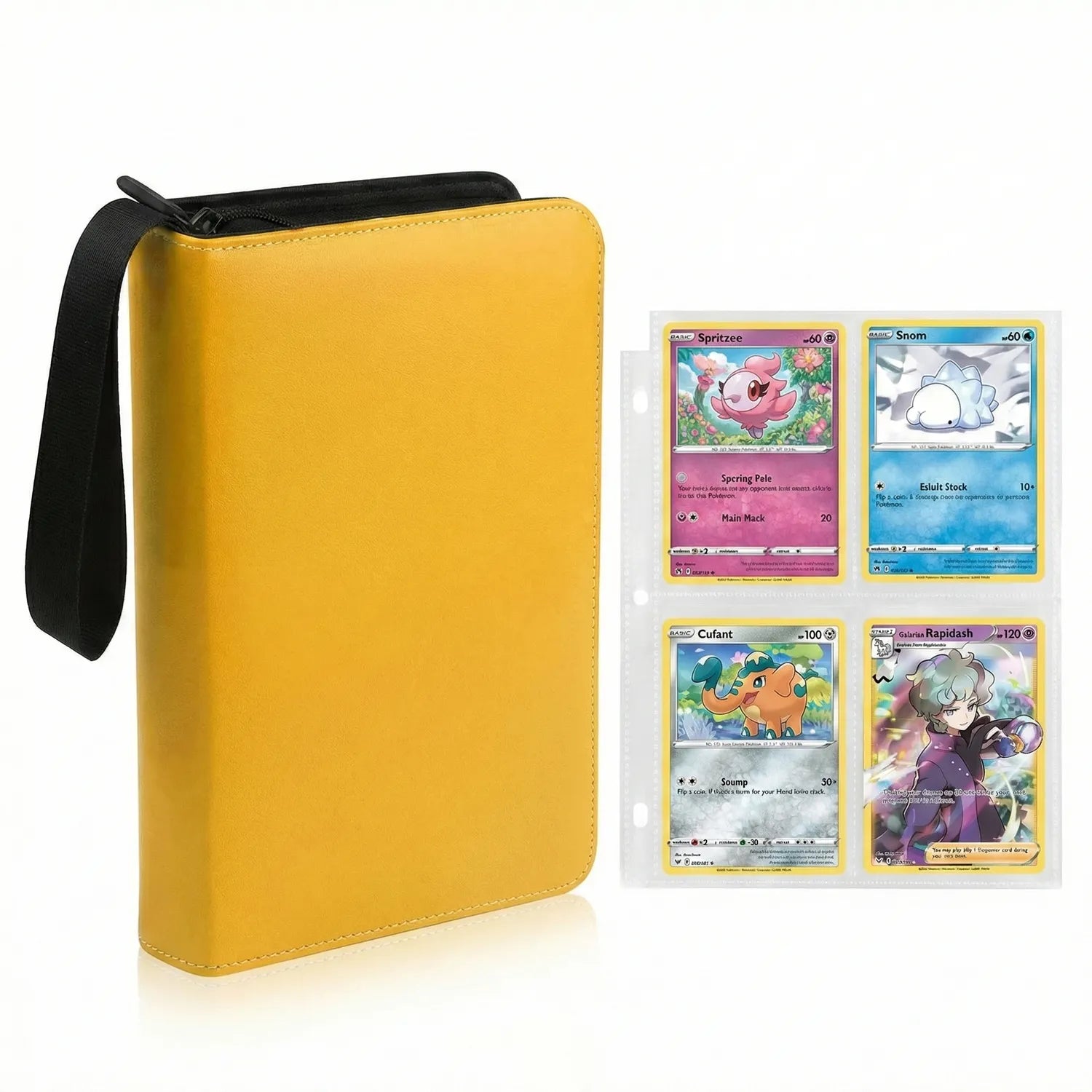 Yellow Card Album 400P binder with black strap and four sample Pokémon trading cards displayed showing Spritzee, Snom, Cufant, and Rapidash