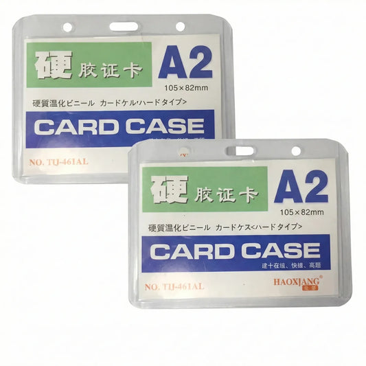 Two A2 hard card cases with 105×82mm dimensions shown in clear rigid vinyl packaging, featuring green and blue labeling, model TU-461AL