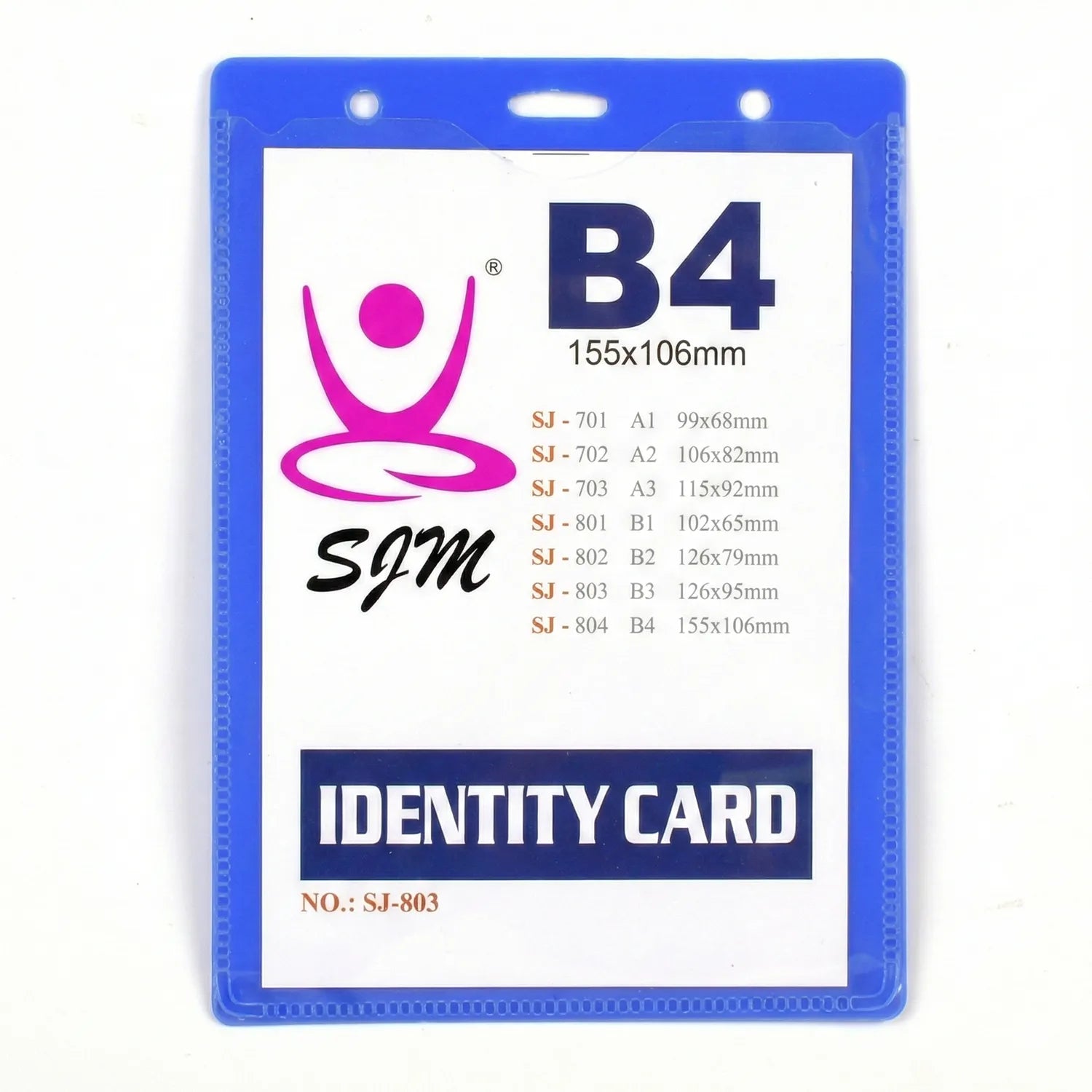 SJM B4 155x106mm blue identity card case with logo, size chart showing multiple models SJ-701 through SJ-804