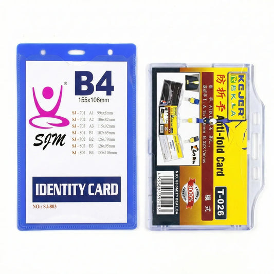 SJM Card Case T026 B4 identity card holder in blue protective plastic casing with clear front panel, 155x106mm size, includes product reference card
