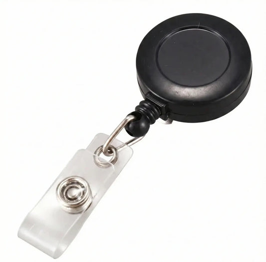 Card Case Yoyo retractable badge holder with black reel, clear plastic ID pouch, and metal snap clip attachment on white background