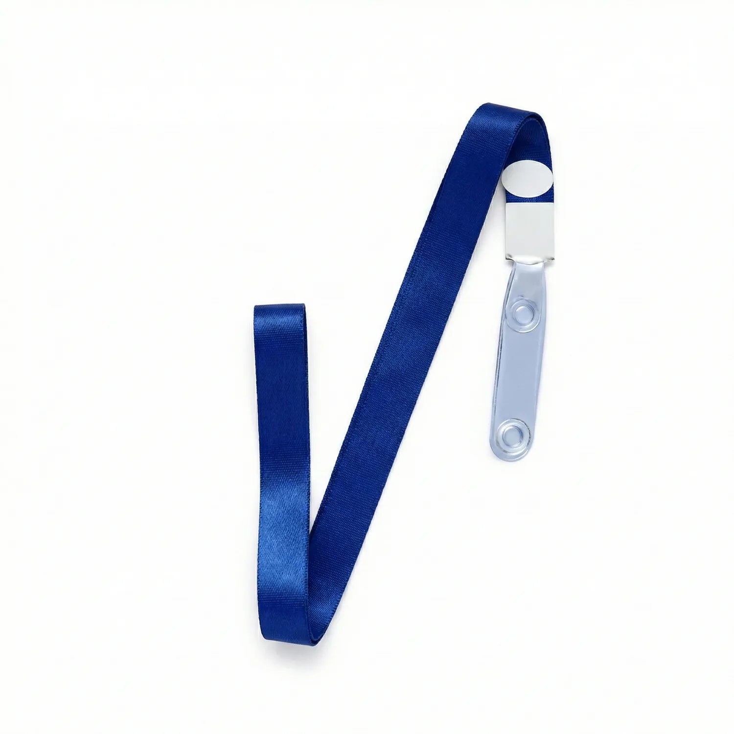 Card Dori with blue satin ribbon lanyard and clear acrylic card sleeve featuring white oval top attachment and transparent holder for ID cards