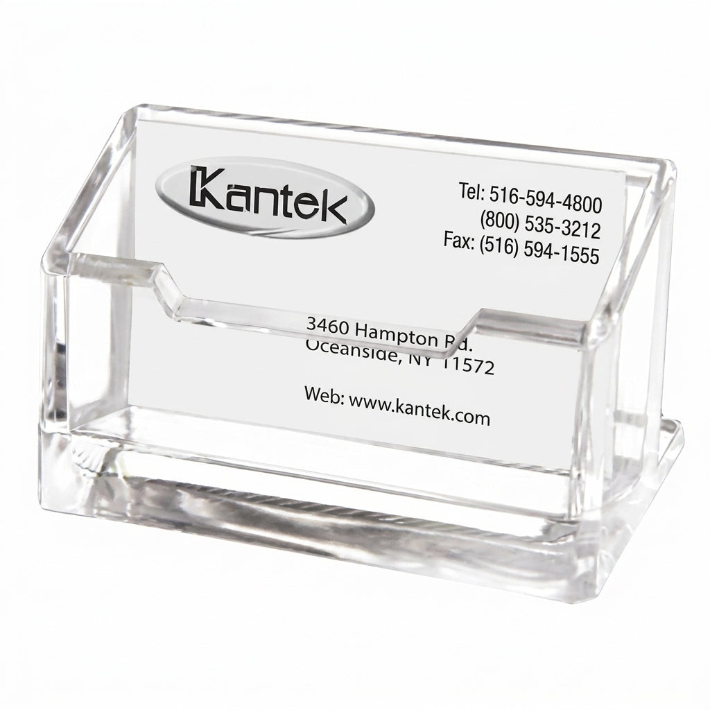 Kantek clear acrylic business card holder with slanted display panel, company contact information printed on card