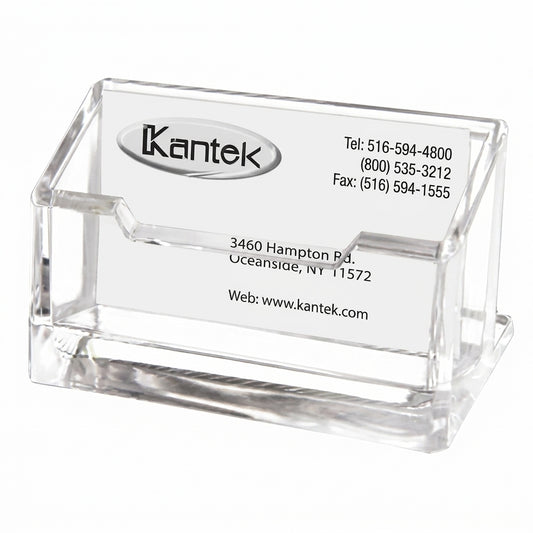 Kantek clear acrylic business card holder with slanted display panel, company contact information printed on card