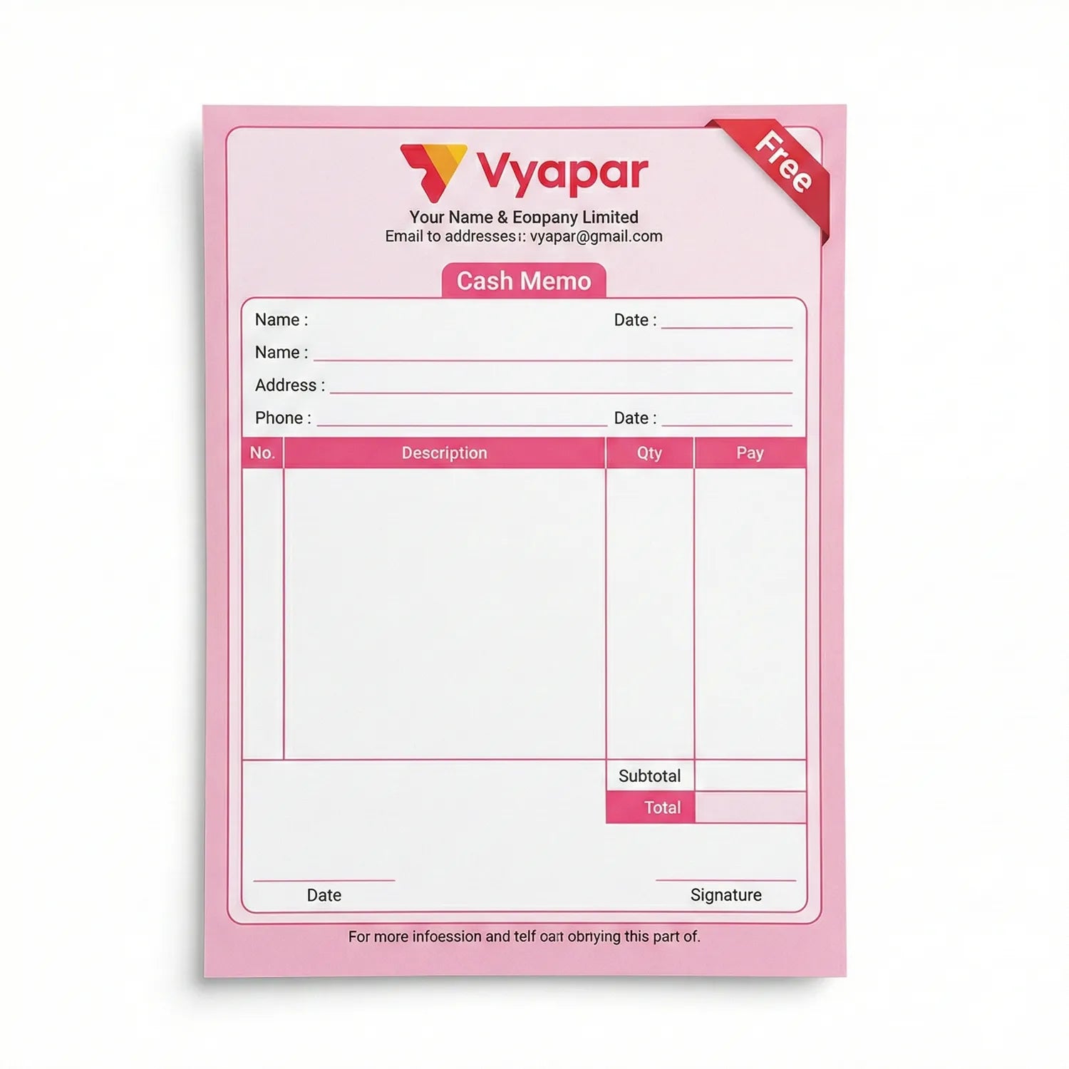 Vyapar Cash Memo 01 pink receipt template showing customer info fields, itemized table with columns for description, quantity and payment, subtotal and total rows
