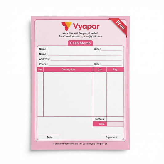 Vyapar Cash Memo 01 pink receipt template showing customer info fields, itemized table with columns for description, quantity and payment, subtotal and total rows