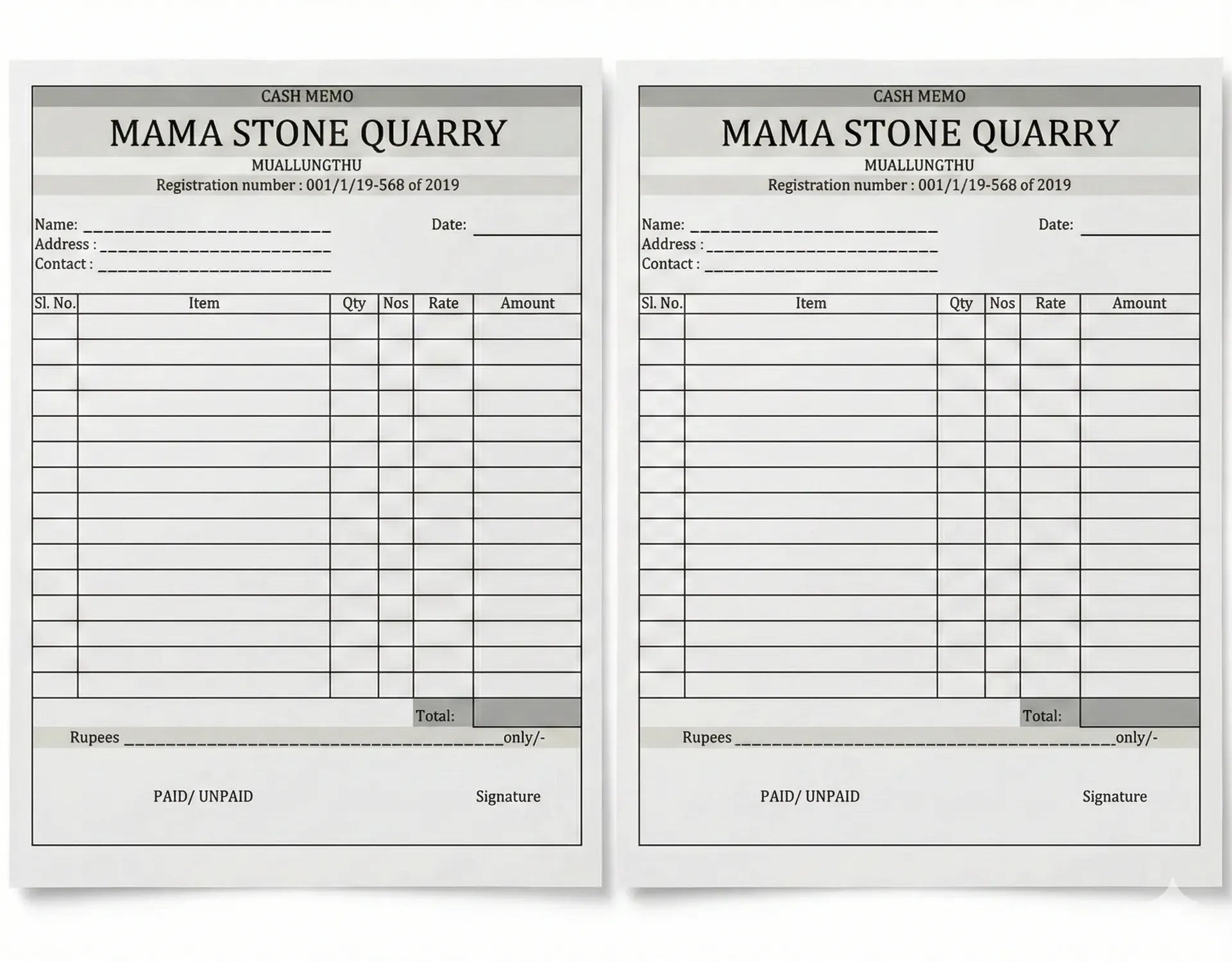 Two identical Cash Memo receipt books from Mama Stone Quarry with registration number 001/1/19-568 of 2019, showing 2-part carbonless form design with columns for items, quantities, rates, and amounts