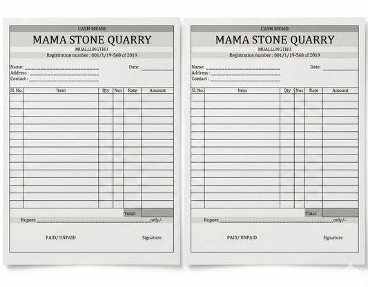 Two identical Cash Memo receipt books from Mama Stone Quarry with registration number 001/1/19-568 of 2019, showing 2-part carbonless form design with columns for items, quantities, rates, and amounts