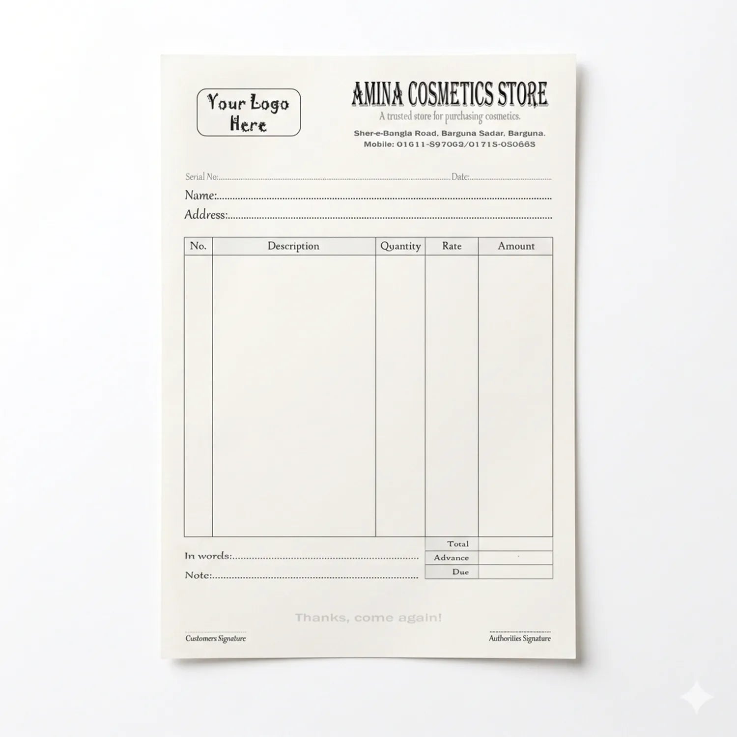 Amina Cosmetics Store Cash Memo 02 professional invoice pad with customer details section, itemized product table, and signature fields