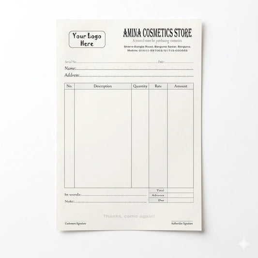 Amina Cosmetics Store Cash Memo 02 professional invoice pad with customer details section, itemized product table, and signature fields