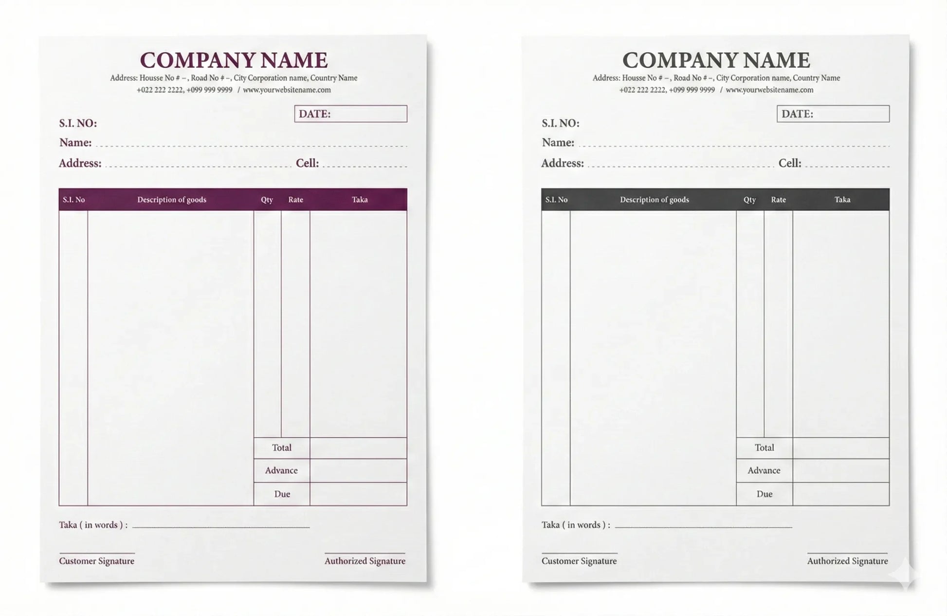 Cash Memo 1.1 Em receipt book showing two duplicate copies with company header, customer details section, and itemized transaction table with columns for serial number, description, quantity, rate, and amount