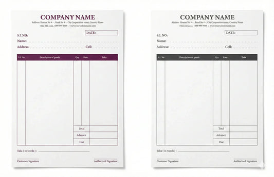 Cash Memo 1.1 Em receipt book showing two duplicate copies with company header, customer details section, and itemized transaction table with columns for serial number, description, quantity, rate, and amount