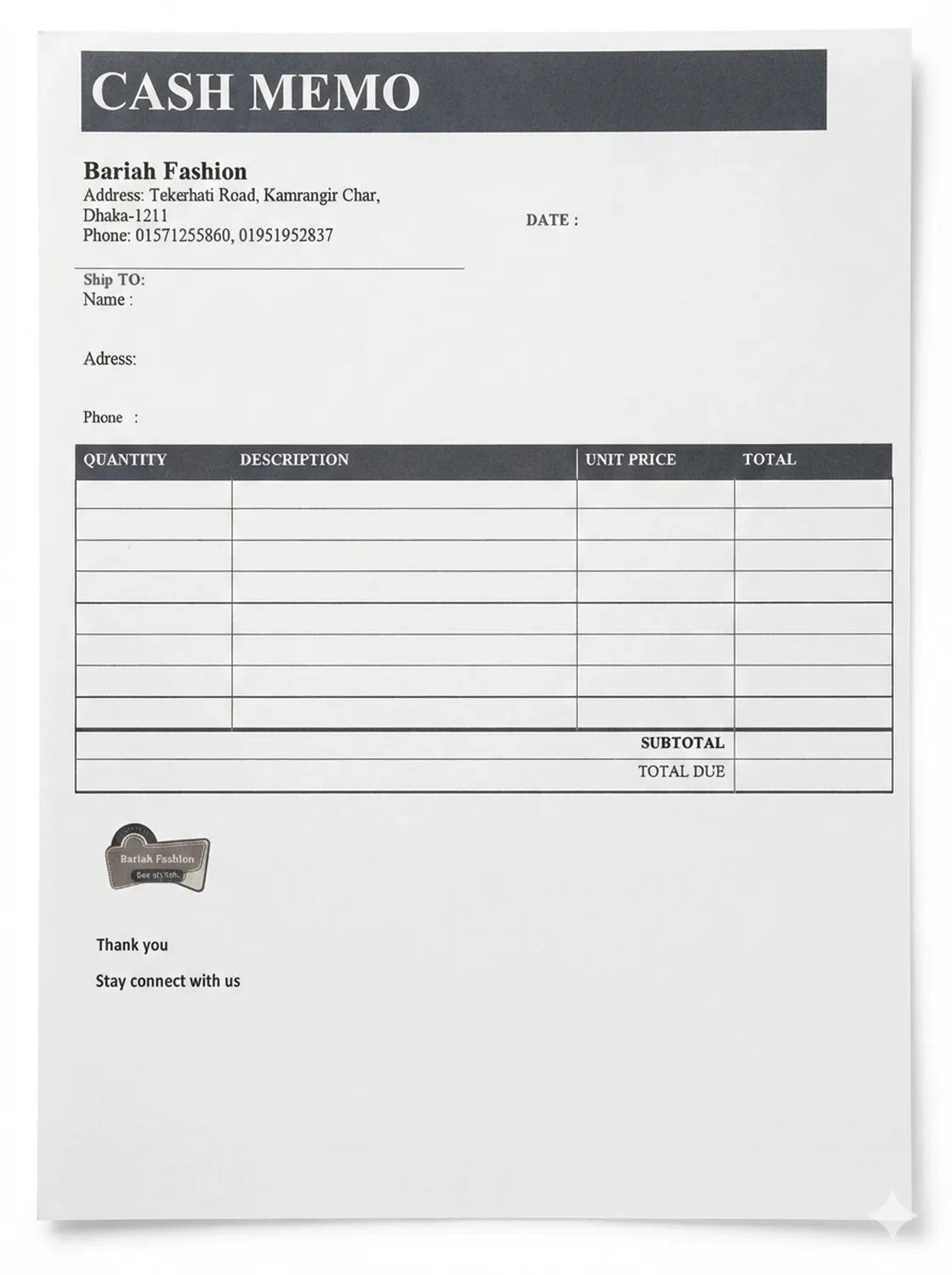 Bariah Fashion Cash Memo 1.1 - Professional invoice receipt pad with itemized pricing table, customer details section, and company branding area.