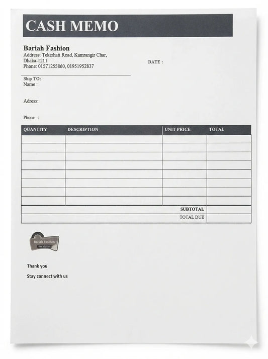 Bariah Fashion Cash Memo 1.1 - Professional invoice receipt pad with itemized pricing table, customer details section, and company branding area.