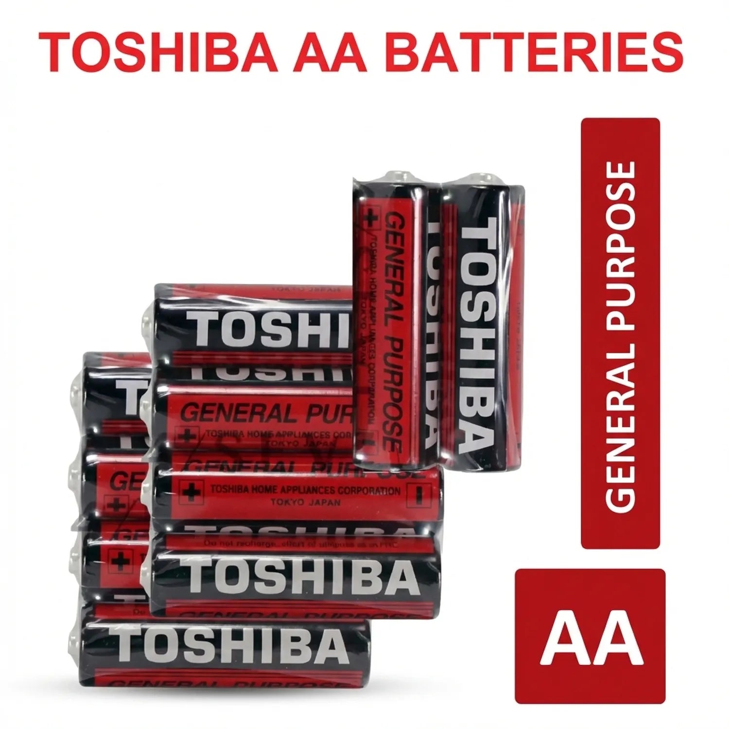 Stack of Toshiba AA alkaline batteries with red and black packaging, showing General Purpose designation and multiple units arranged in display