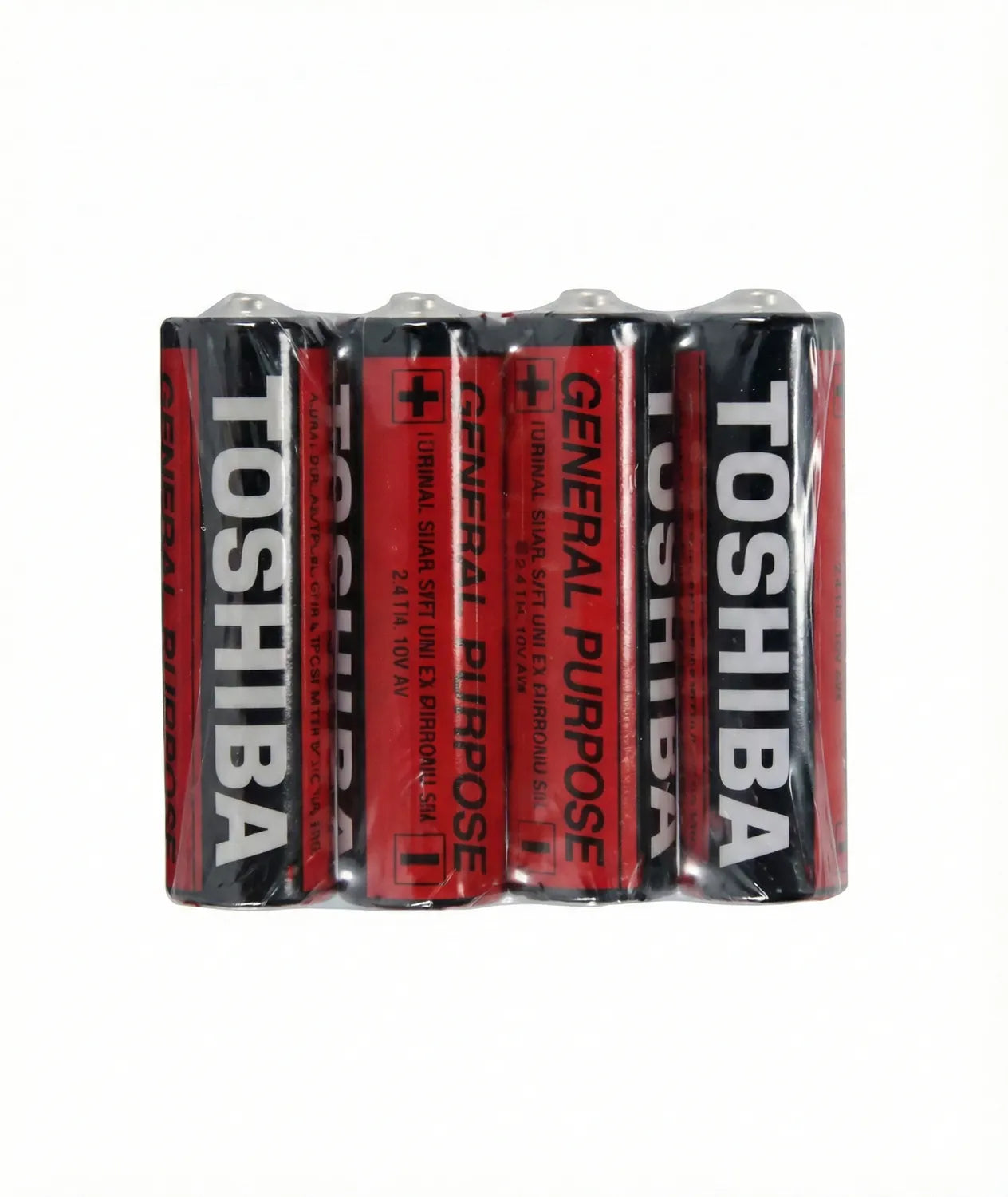 Toshiba AAA batteries 4-pack in red and black packaging with clear labeling, shown in protective blister case
