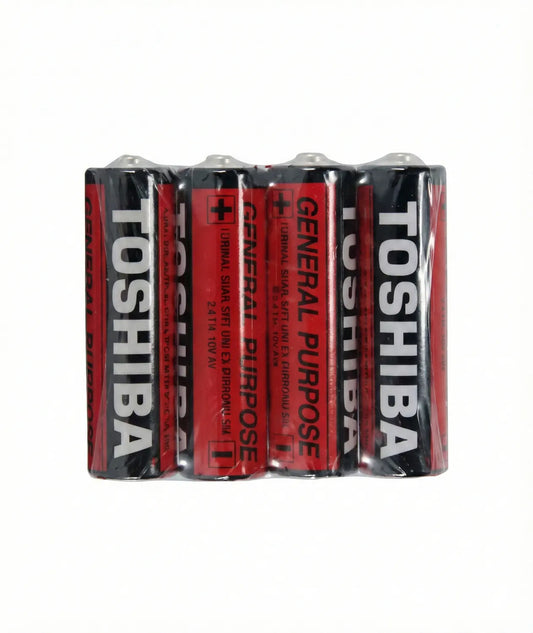 Toshiba AAA batteries 4-pack in red and black packaging with clear labeling, shown in protective blister case