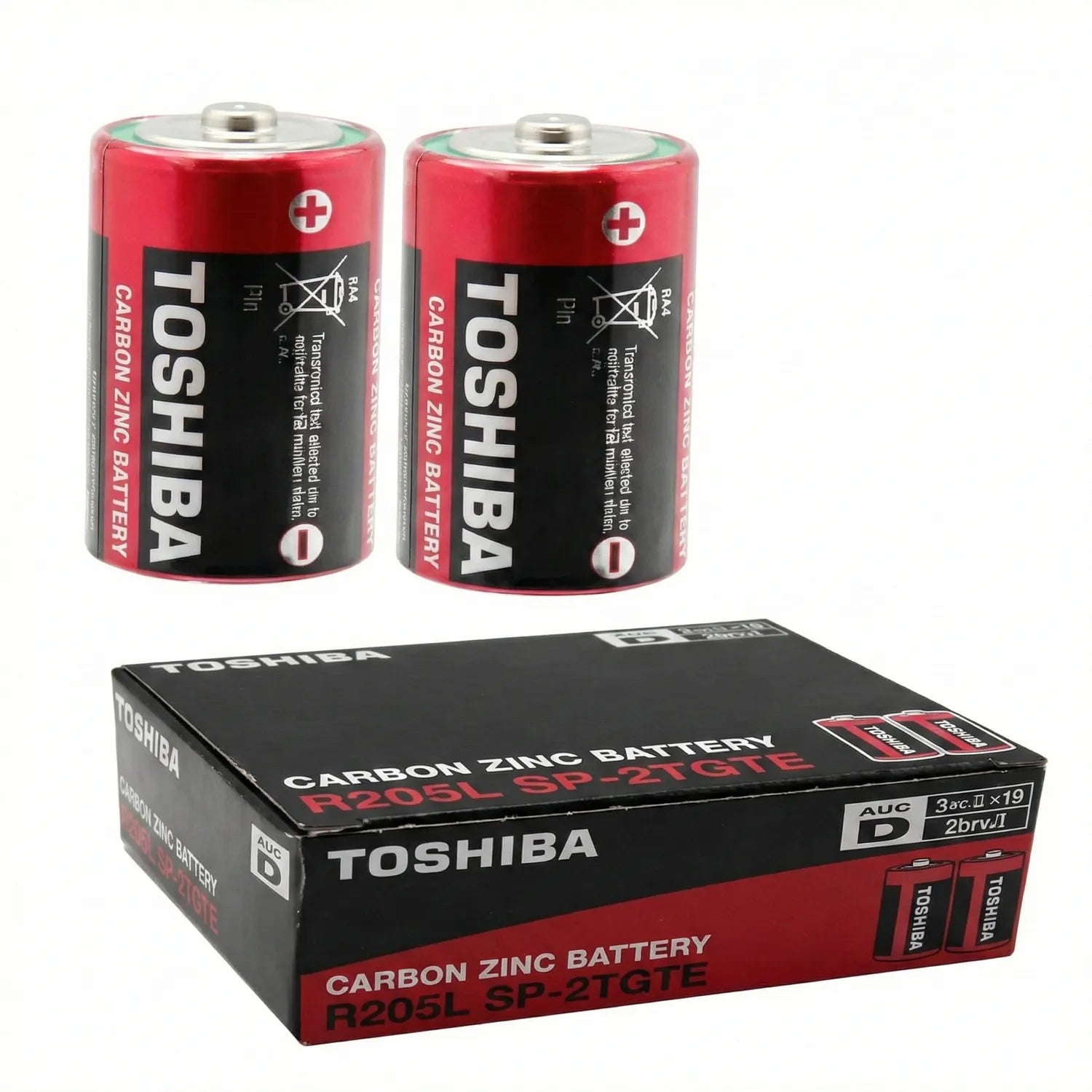 Toshiba D Size Carbon Zinc Batteries - 2 red and black batteries shown individually and in black retail packaging box
