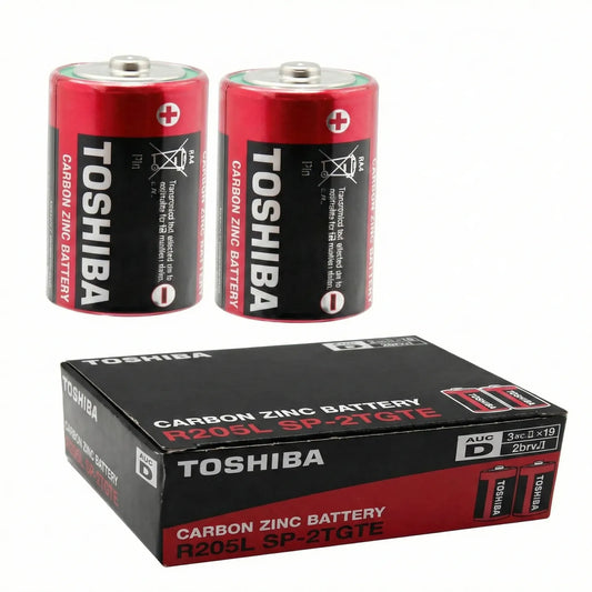 Toshiba D Size Carbon Zinc Batteries - 2 red and black batteries shown individually and in black retail packaging box
