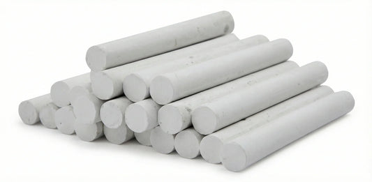 Chalk White cylindrical sticks - 24-piece set of white chalk in various sizes arranged in neat rows on white background