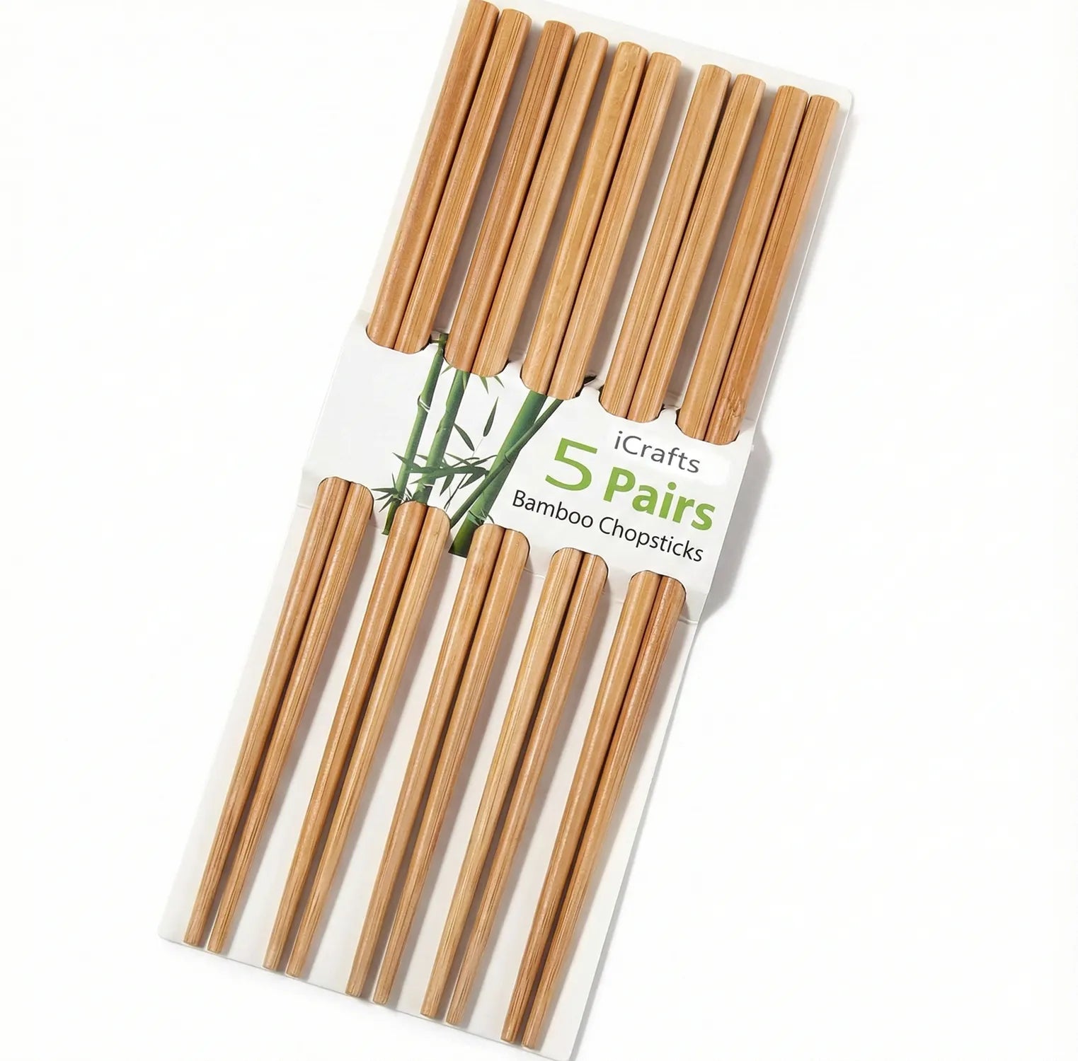 iCrafts 5 Pairs Bamboo Chopsticks in clear packaging showing natural wood finish, bamboo graphic label