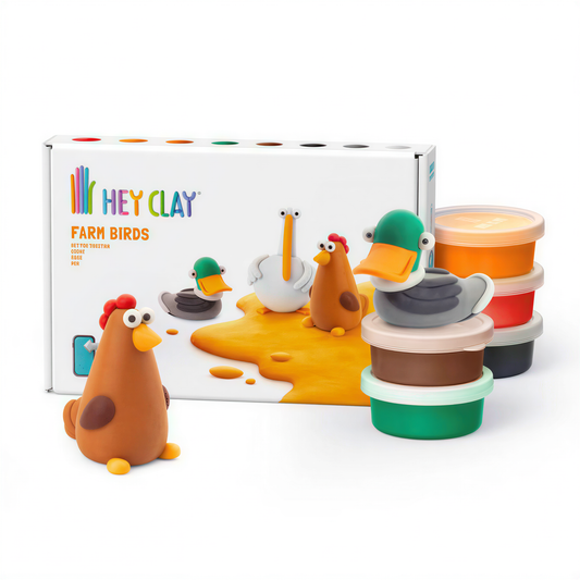 Hey Clay Farm Birds set with 7 colored clay containers, sculpted bird characters, and instruction box