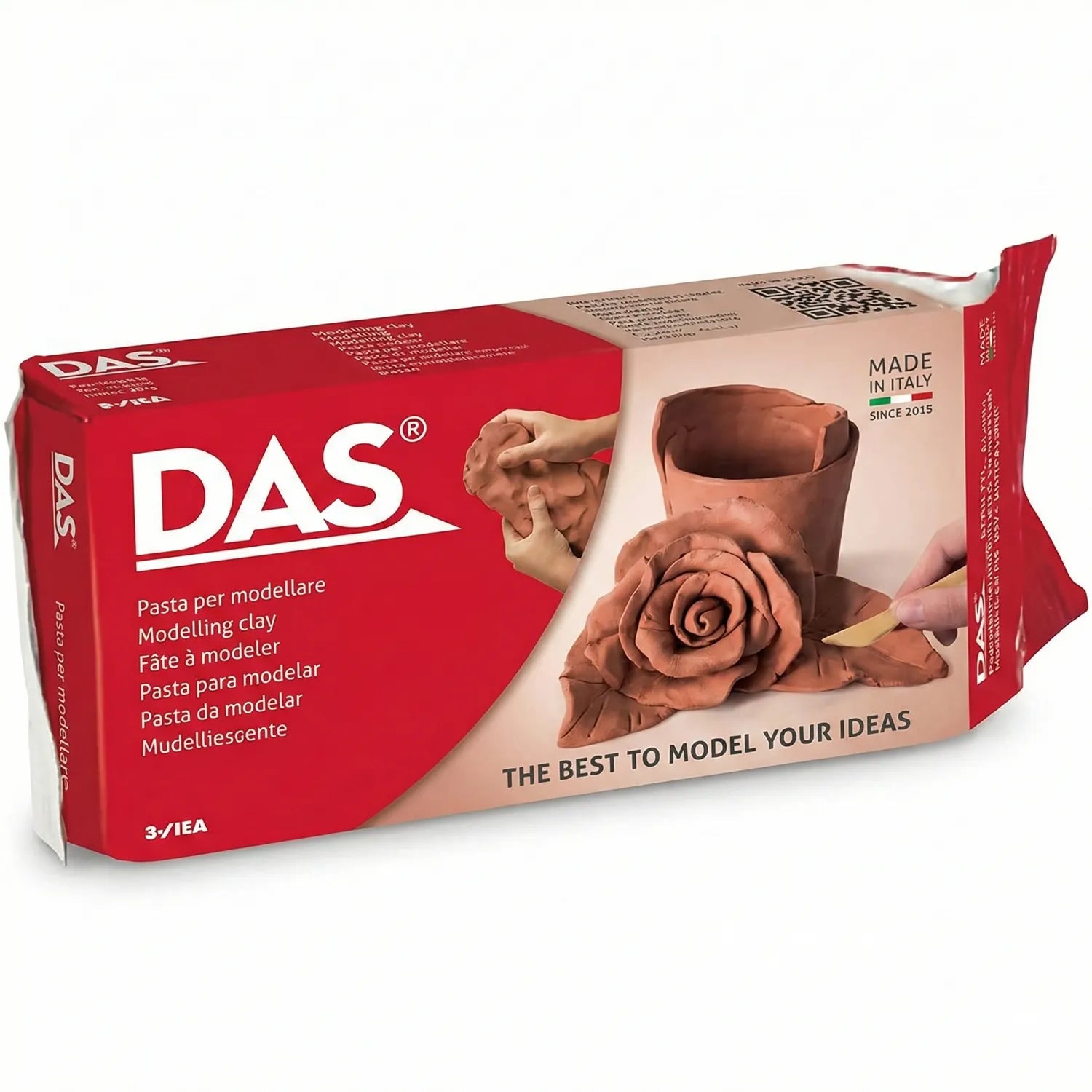 DAS Modelling Clay 1kg red package showing clay rose sculpture, hands sculpting, Made in Italy label, and product branding on red and tan packaging.