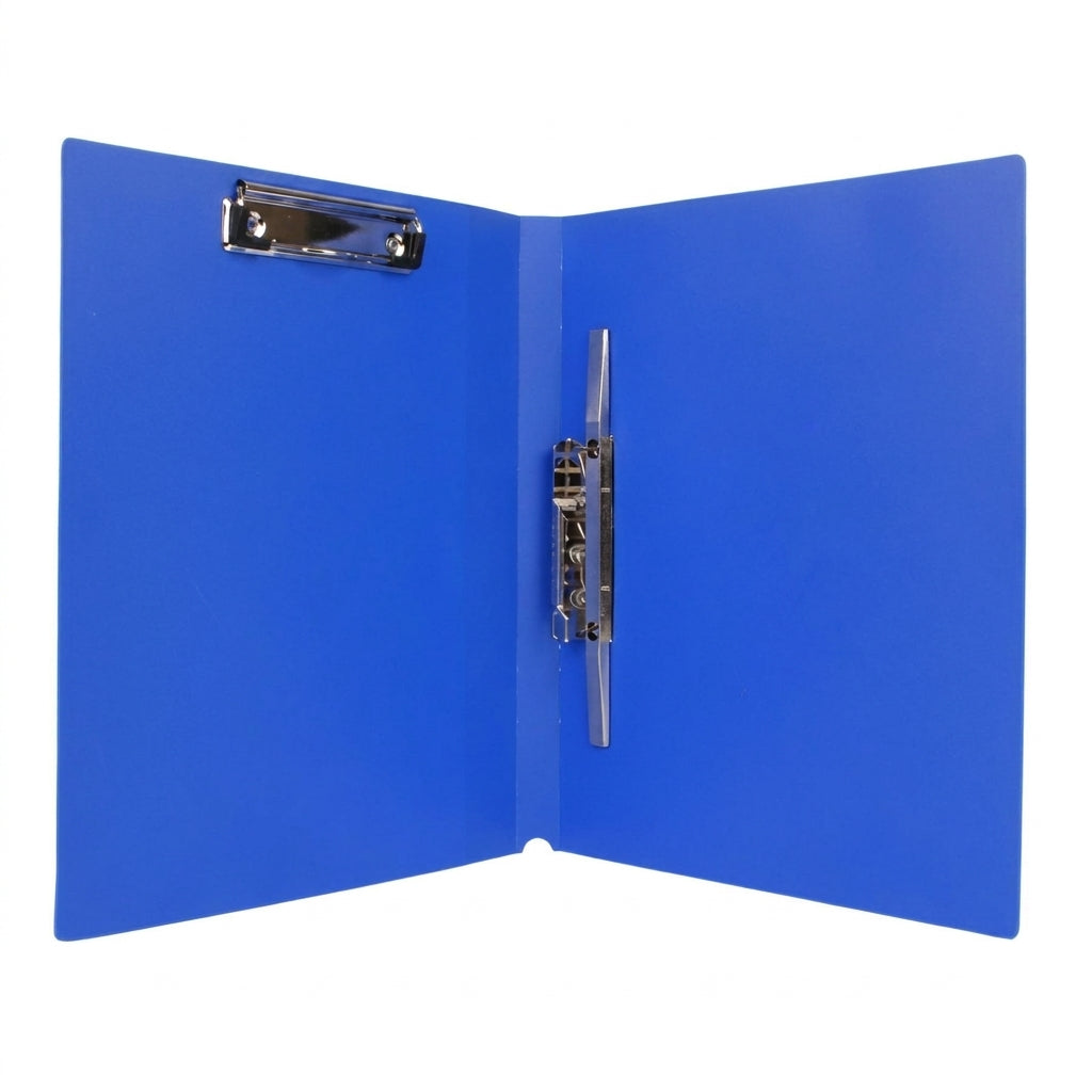 Blue Clip Office Card File A4 with metal clip and fastener system, open position showing interior mechanism